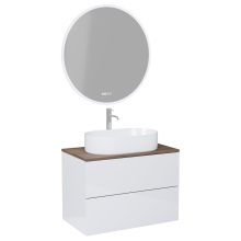 HD Zyra Pro Lacquer White 60 komplett fürdőszoba bútor fali push-to-open mosdószekrénnyel, tölgyfa színű mosdópulttal és tükörrel