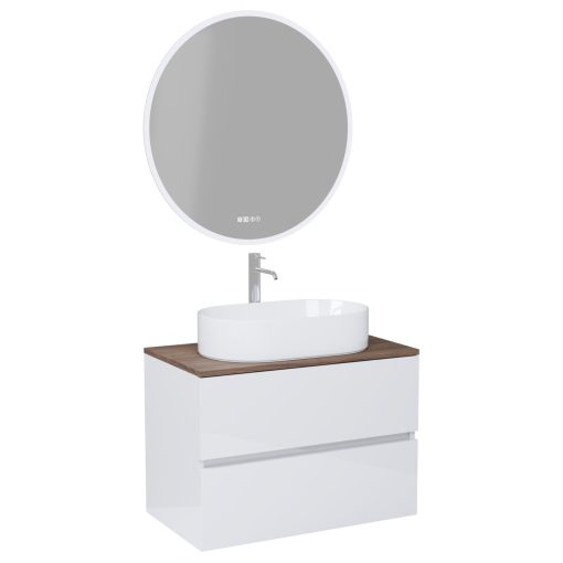 HD Zyra Lacquer White 60 komplett fürdőszoba bútor fali mosdószekrénnyel, tölgyfa színű mosdópulttal és tükörrel