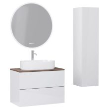 HD Zyra Pro Lacquer White 60 komplett fürdőszoba bútor szett fali push-to-open mosdószekrénnyel, tölgyfa színű mosdópulttal, tükörrel és magasszekrénnyel