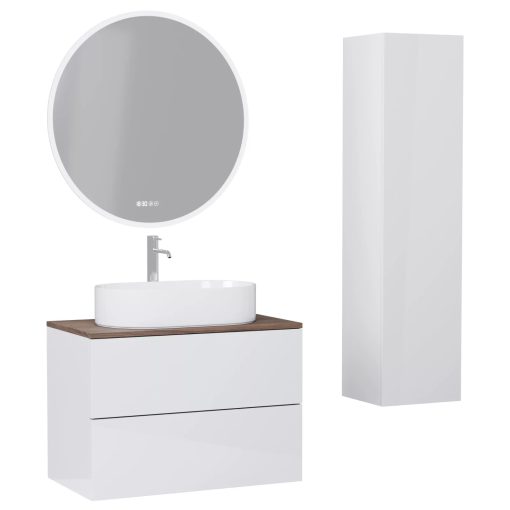 HD Zyra Pro Lacquer White 60 komplett fürdőszoba bútor szett fali push-to-open mosdószekrénnyel, tölgyfa színű mosdópulttal, tükörrel és magasszekrénnyel