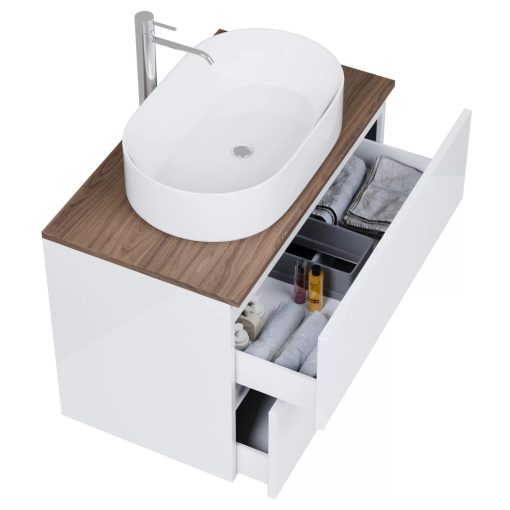 HD Zyra Pro Lacquer White 60 komplett fürdőszoba bútor szett fali push-to-open mosdószekrénnyel, tölgyfa színű mosdópulttal, tükörrel és magasszekrénnyel