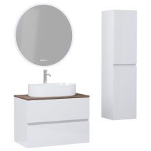 HD Zyra Lacquer White 60 komplett fürdőszoba bútor szett fali mosdószekrénnyel, tölgyfa színű mosdópulttal, tükörrel és magasszekrénnyel