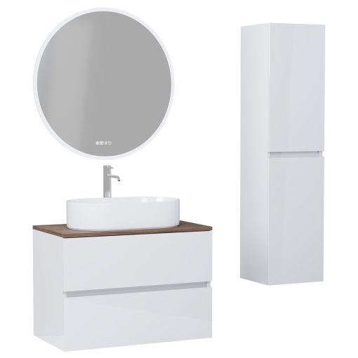 HD Zyra Lacquer White 60 komplett fürdőszoba bútor szett fali mosdószekrénnyel, tölgyfa színű mosdópulttal, tükörrel és magasszekrénnyel