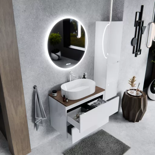 HD Zyra Lacquer White 60 komplett fürdőszoba bútor szett fali mosdószekrénnyel, tölgyfa színű mosdópulttal, tükörrel és magasszekrénnyel