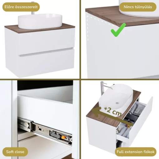 HD Zyra Lacquer White 60 komplett fürdőszoba bútor szett fali mosdószekrénnyel, tölgyfa színű mosdópulttal, tükörrel és magasszekrénnyel