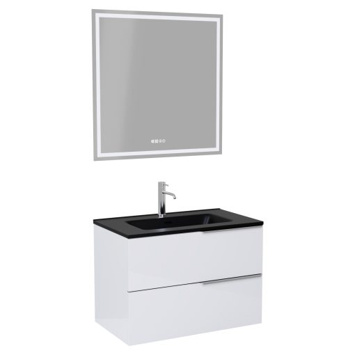 HD Cremona Lacquer White 60 komplett fürdőszoba bútor fali mosdószekrénnyel, fényes króm fogantyúkkal, matt fekete slim mosdóval és tükörrel