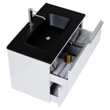 HD Cremona Lacquer White 60 komplett fürdőszoba bútor fali mosdószekrénnyel, fényes króm fogantyúkkal, matt fekete slim mosdóval és tükörrel