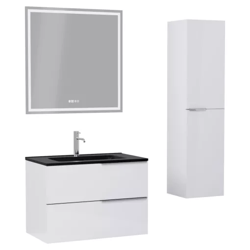 HD Cremona Lacquer White 60 komplett fürdőszoba bútor szett fali mosdószekrénnyel, fényes króm fogantyúkkal, matt fekete slim mosdóval, tükörrel és magasszekrénnyel