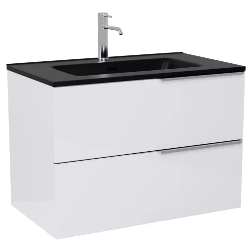 HD Cremona Lacquer White 60 komplett fürdőszoba bútor szett fali mosdószekrénnyel, fényes króm fogantyúkkal, matt fekete slim mosdóval, tükörrel és magasszekrénnyel