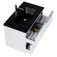 HD Cremona Lacquer White 60 komplett fürdőszoba bútor szett fali mosdószekrénnyel, fényes króm fogantyúkkal, matt fekete slim mosdóval, tükörrel és magasszekrénnyel