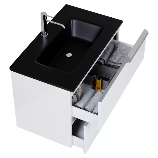 HD Cremona Lacquer White 60 komplett fürdőszoba bútor szett fali mosdószekrénnyel, fényes króm fogantyúkkal, matt fekete slim mosdóval, tükörrel és magasszekrénnyel