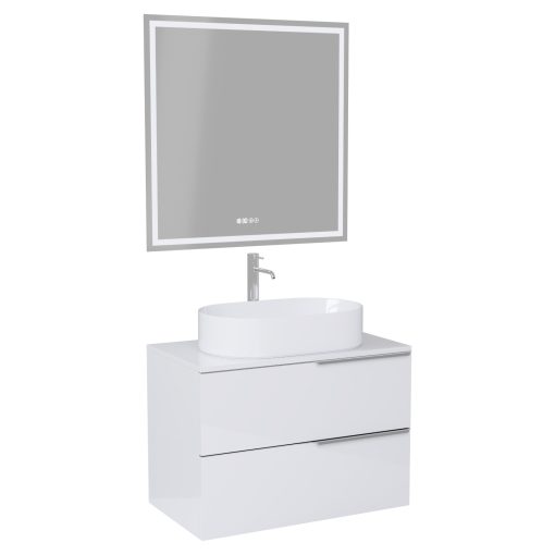 HD Carona Lacquer White 60 komplett fürdőszoba bútor fali mosdószekrénnyel, fényes króm fogantyúkkal, fényes fehér mosdópulttal és tükörrel