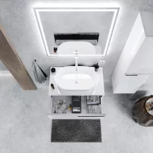 HD Carona Lacquer White 60 komplett fürdőszoba bútor fali mosdószekrénnyel, fényes króm fogantyúkkal, fényes fehér mosdópulttal és tükörrel