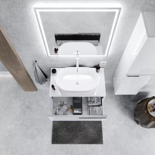 HD Carona Lacquer White 60 komplett fürdőszoba bútor fali mosdószekrénnyel, fényes króm fogantyúkkal, fényes fehér mosdópulttal és tükörrel
