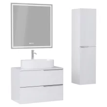 HD Carona Lacquer White 60 komplett fürdőszoba bútor szett fali mosdószekrénnyel, fényes króm fogantyúkkal, fényes fehér mosdópulttal, tükörrel és magasszekrénnyel