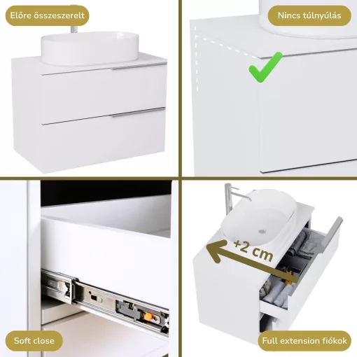 HD Carona Lacquer White 60 komplett fürdőszoba bútor szett fali mosdószekrénnyel, fényes króm fogantyúkkal, fényes fehér mosdópulttal, tükörrel és magasszekrénnyel