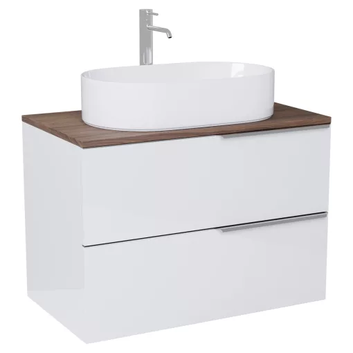 HD Carona Lacquer White 60 fali mosdószekrény tölgyfa színű mosdópulttal és fényes króm fogantyúkkal