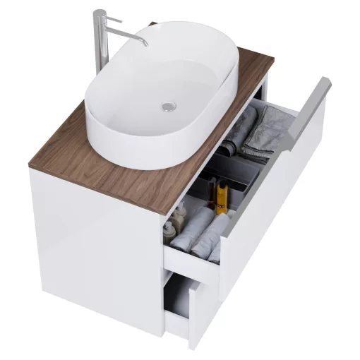 HD Carona Lacquer White 60 fali mosdószekrény tölgyfa színű mosdópulttal és fényes króm fogantyúkkal