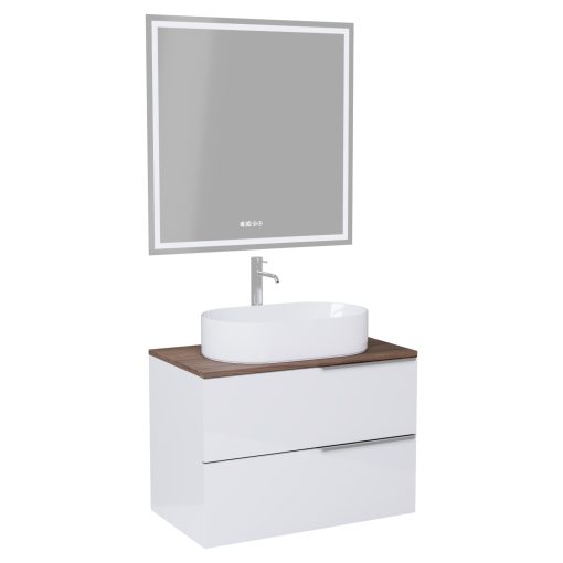 HD Carona Lacquer White 60 komplett fürdőszoba bútor fali mosdószekrénnyel, fényes króm fogantyúkkal, tölgyfa színű mosdópulttal és tükörrel