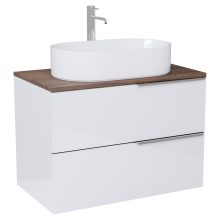 HD Carona Lacquer White 60 komplett fürdőszoba bútor fali mosdószekrénnyel, fényes króm fogantyúkkal, tölgyfa színű mosdópulttal és tükörrel