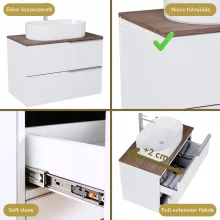 HD Carona Lacquer White 60 komplett fürdőszoba bútor fali mosdószekrénnyel, fényes króm fogantyúkkal, tölgyfa színű mosdópulttal és tükörrel