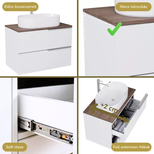 HD Carona Lacquer White 60 komplett fürdőszoba bútor fali mosdószekrénnyel, fényes króm fogantyúkkal, tölgyfa színű mosdópulttal és tükörrel