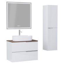 HD Carona Lacquer White 60 komplett fürdőszoba bútor szett fali mosdószekrénnyel, fényes króm fogantyúkkal, tölgyfa színű mosdópulttal, tükörrel és magasszekrénnyel