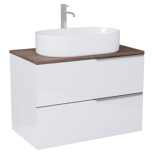 HD Carona Lacquer White 60 komplett fürdőszoba bútor szett fali mosdószekrénnyel, fényes króm fogantyúkkal, tölgyfa színű mosdópulttal, tükörrel és magasszekrénnyel