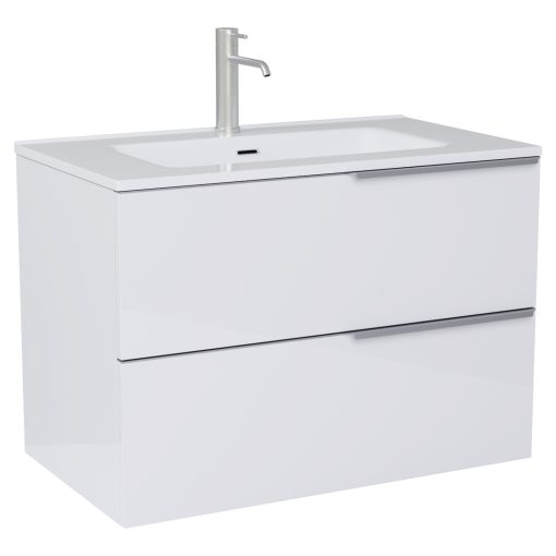 HD Cremona Lacquer White 60 fali mosdószekrény szálcsiszolt króm fogantyúkkal és fényes fehér slim mosdóval