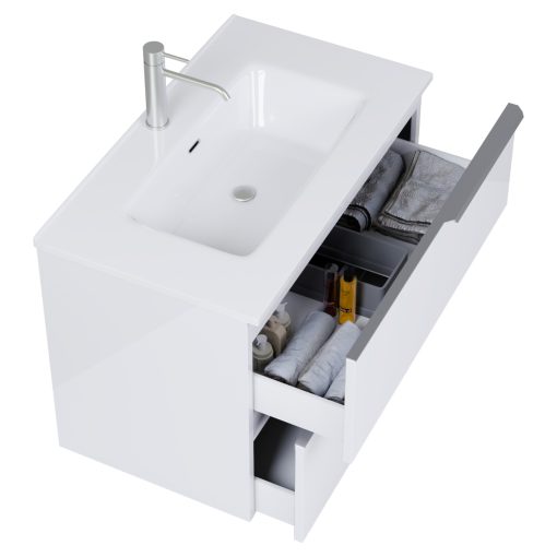 HD Cremona Lacquer White 60 fali mosdószekrény szálcsiszolt króm fogantyúkkal és fényes fehér slim mosdóval