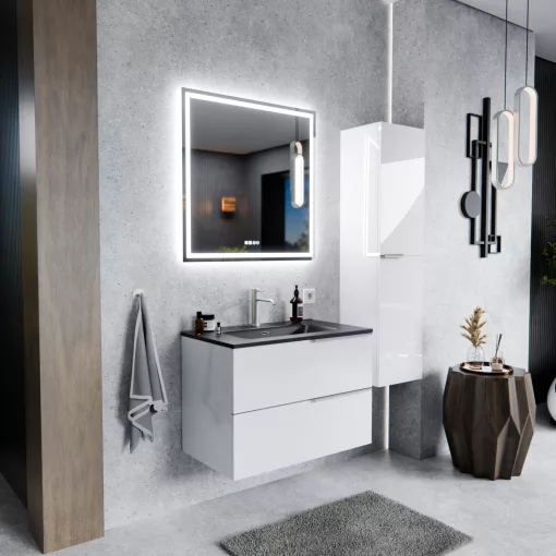 HD Cremona Lacquer White 60 fali mosdószekrény szálcsiszolt króm fogantyúkkal és matt fekete slim mosdóval