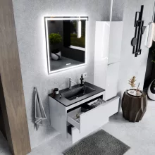 HD Cremona Lacquer White 60 fali mosdószekrény szálcsiszolt króm fogantyúkkal és matt fekete slim mosdóval