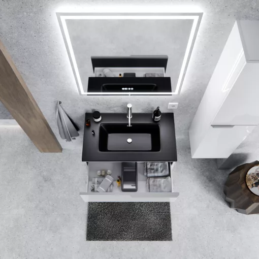 HD Cremona Lacquer White 60 fali mosdószekrény szálcsiszolt króm fogantyúkkal és matt fekete slim mosdóval