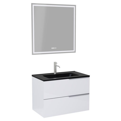 HD Cremona Lacquer White 60 komplett fürdőszoba bútor fali mosdószekrénnyel, szálcsiszolt króm fogantyúkkal, matt fekete slim mosdóval és tükörrel