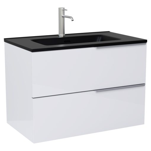 HD Cremona Lacquer White 60 komplett fürdőszoba bútor fali mosdószekrénnyel, szálcsiszolt króm fogantyúkkal, matt fekete slim mosdóval és tükörrel