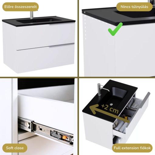 HD Cremona Lacquer White 60 komplett fürdőszoba bútor fali mosdószekrénnyel, szálcsiszolt króm fogantyúkkal, matt fekete slim mosdóval és tükörrel