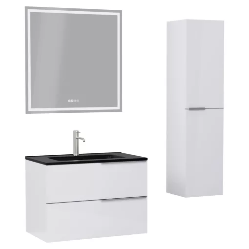 HD Cremona Lacquer White 60 komplett fürdőszoba bútor szett fali mosdószekrénnyel, szálcsiszolt króm fogantyúkkal, matt fekete slim mosdóval, tükörrel és magasszekrénnyel