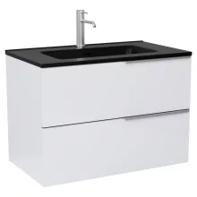 HD Cremona Lacquer White 60 komplett fürdőszoba bútor szett fali mosdószekrénnyel, szálcsiszolt króm fogantyúkkal, matt fekete slim mosdóval, tükörrel és magasszekrénnyel