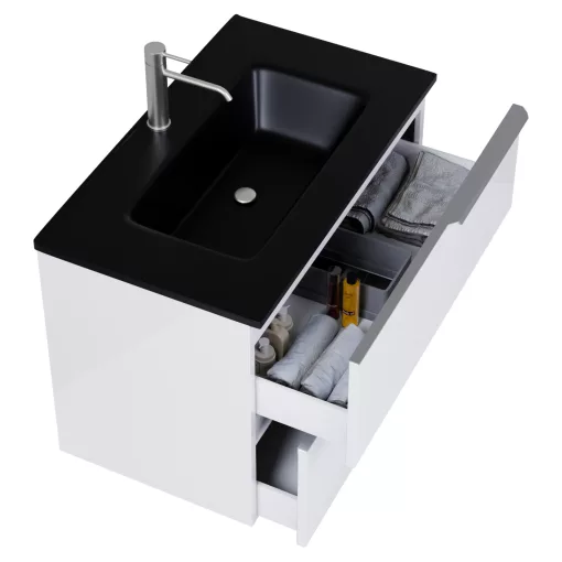 HD Cremona Lacquer White 60 komplett fürdőszoba bútor szett fali mosdószekrénnyel, szálcsiszolt króm fogantyúkkal, matt fekete slim mosdóval, tükörrel és magasszekrénnyel