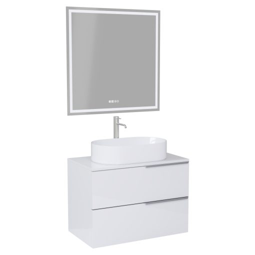 HD Carona Lacquer White 60 komplett fürdőszoba bútor fali mosdószekrénnyel, szálcsiszolt króm fogantyúkkal, fényes fehér mosdópulttal és tükörrel