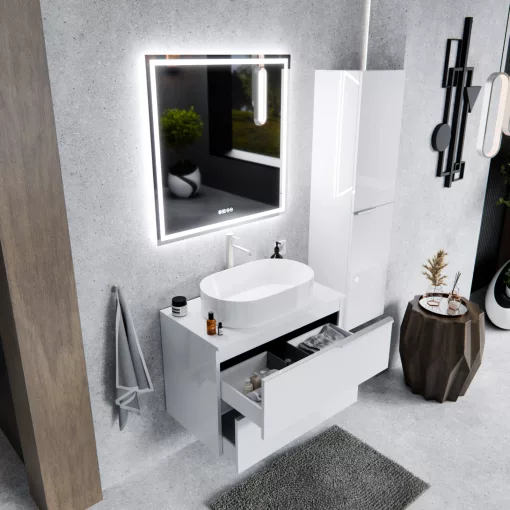 HD Carona Lacquer White 60 komplett fürdőszoba bútor fali mosdószekrénnyel, szálcsiszolt króm fogantyúkkal, fényes fehér mosdópulttal és tükörrel