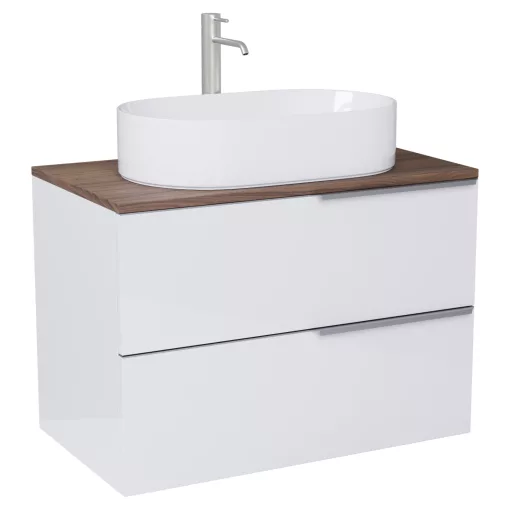 HD Carona Lacquer White 60 fali mosdószekrény tölgyfa színű mosdópulttal és szálcsiszolt króm fogantyúkkal