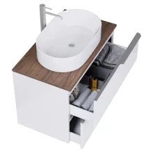 HD Carona Lacquer White 60 fali mosdószekrény tölgyfa színű mosdópulttal és szálcsiszolt króm fogantyúkkal