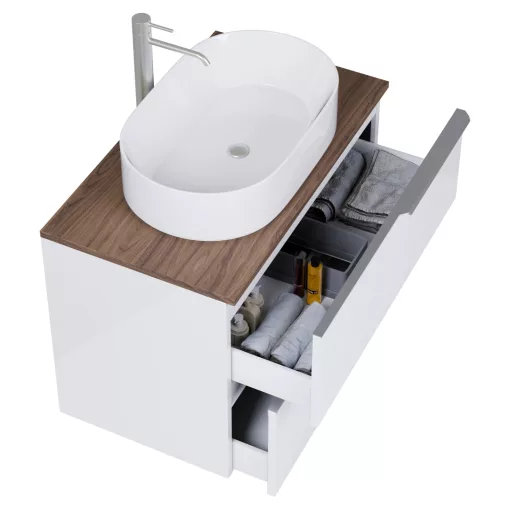 HD Carona Lacquer White 60 fali mosdószekrény tölgyfa színű mosdópulttal és szálcsiszolt króm fogantyúkkal