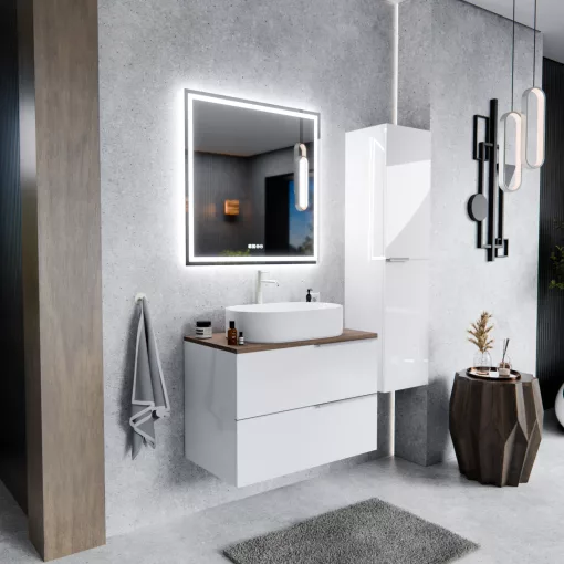 HD Carona Lacquer White 60 komplett fürdőszoba bútor fali mosdószekrénnyel, szálcsiszolt króm fogantyúkkal, tölgyfa színű mosdópulttal és tükörrel
