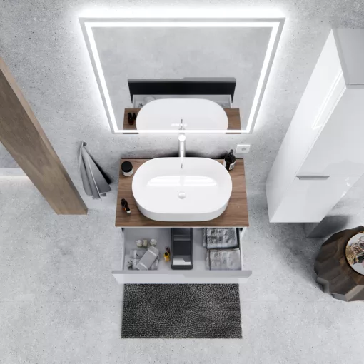 HD Carona Lacquer White 60 komplett fürdőszoba bútor fali mosdószekrénnyel, szálcsiszolt króm fogantyúkkal, tölgyfa színű mosdópulttal és tükörrel