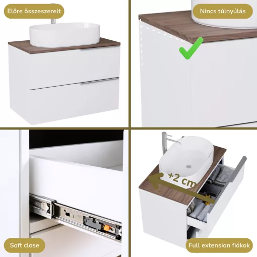HD Carona Lacquer White 60 komplett fürdőszoba bútor fali mosdószekrénnyel, szálcsiszolt króm fogantyúkkal, tölgyfa színű mosdópulttal és tükörrel