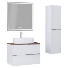 HD Carona Lacquer White 60 komplett fürdőszoba bútor szett fali mosdószekrénnyel, szálcsiszolt króm fogantyúkkal, tölgyfa színű mosdópulttal, tükörrel és magasszekrénnyel