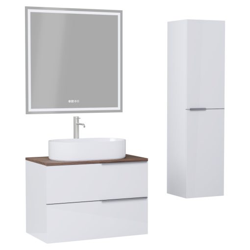 HD Carona Lacquer White 60 komplett fürdőszoba bútor szett fali mosdószekrénnyel, szálcsiszolt króm fogantyúkkal, tölgyfa színű mosdópulttal, tükörrel és magasszekrénnyel