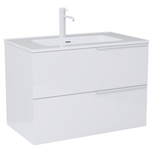 HD Cremona Lacquer White 60 fali mosdószekrény matt fehér fogantyúkkal és fényes fehér slim mosdóval